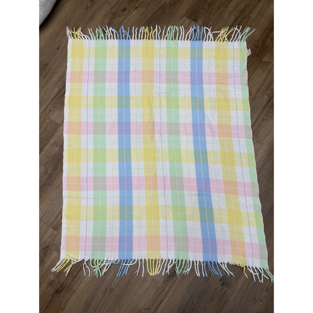 Vintage Tennessee Woolen Mills Acrylic Pastel Plaid Fringed Baby Blanket Nursery
